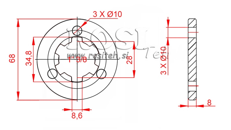 KARDANADAPTER MED FLANGE 3 HULLER OG TAP 1-3/8 (80 mm)