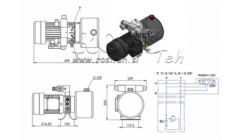 MINI HYDRAULIKAGGREGAT 380V AC (0,75 kW) - 3,7 cc - 5,2 lit/min - Tank 4 lit