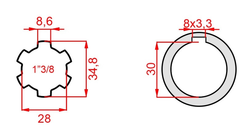 KARDANADAPTERI 1-3/8 - REIKÄ fi 30 mm (145 mm)