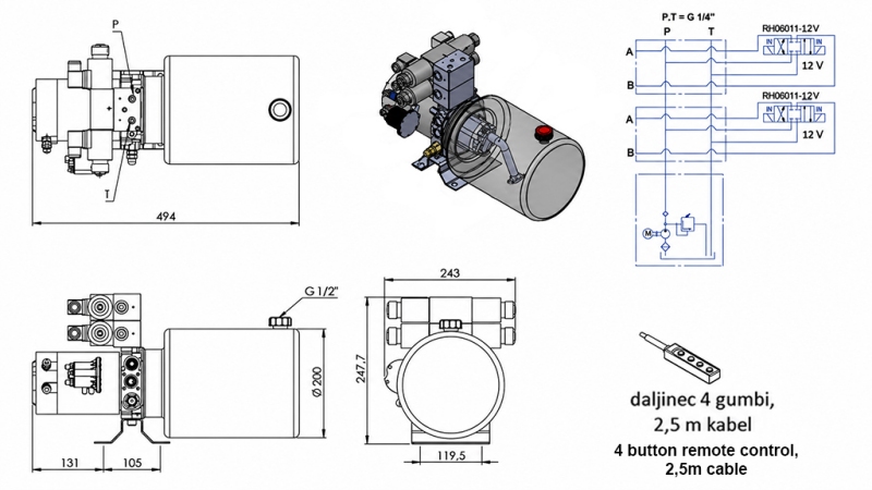 MINI UNIDAD DE POTENCIA HIDRÁULICA 12V DC - 1.6kW = 2.1cc - 8 lit - 2x unidad bidireccional (metal)