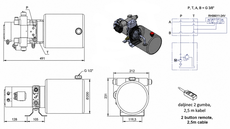 MINI UNIDAD DE POTENCIA HIDRÁULICA 24V DC - 2.2kW = 2.1cc - 8 lit - unidad bidireccional (metal)