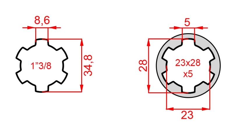 KARDANADAPTER FRA 23x28x6 (6 SPLINES) TIL 1-3/8 (140 mm)