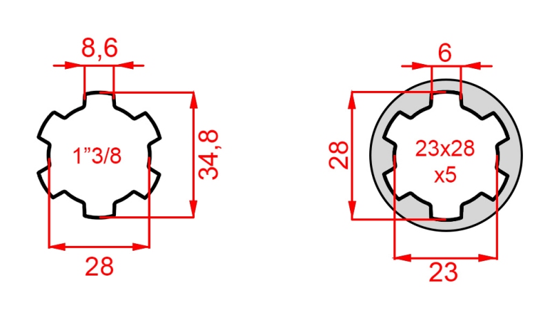 ZAPFWELLENADAPTER VON 23x28x6 (6 VERZAHNUNGEN) AUF 1-3/8 (140 mm)
