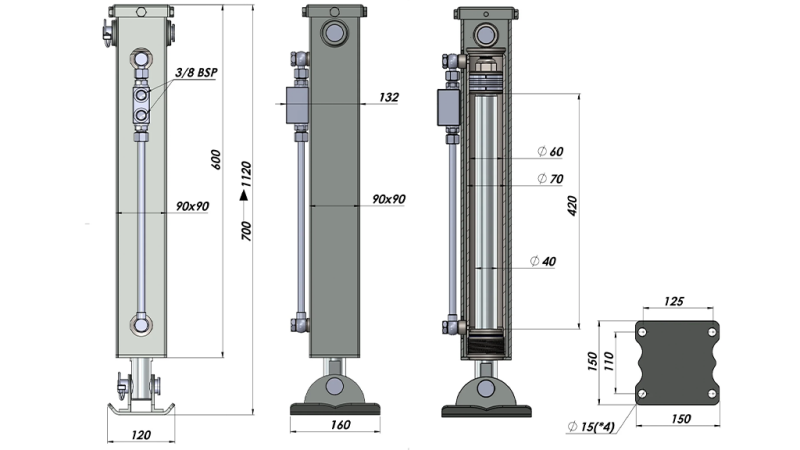 PATA DE APOYO HIDRÁULICA DE DOBLE EFECTO (90x90x700 mm) - CARRERA 420 mm - 2.500 kg