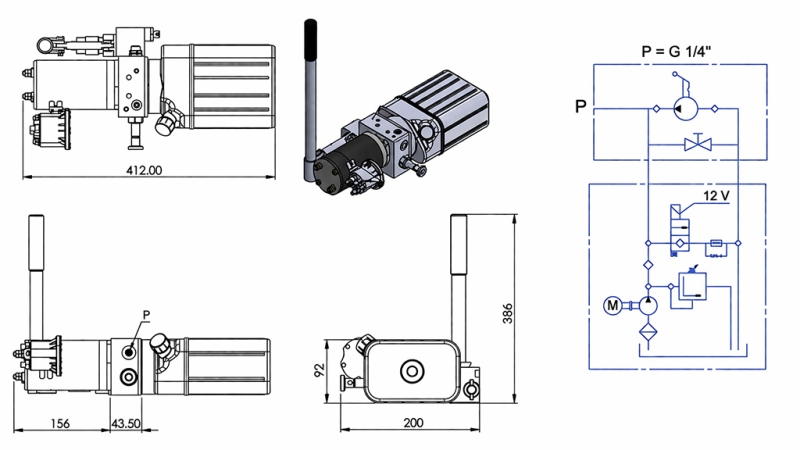 MINI HYDRAULIC UNIT 12V DC - 0.8KW = 0.5CC - 1.5 LITERS - SINGLE-ACTING ASSEMBLY (PVC) WITH MANUAL PUMP