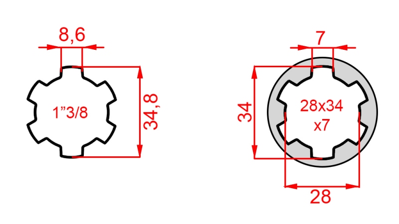 KARDANSKI NASTAVEK iz 28x34x7 (6 zob) na 1-3/8 (145 mm)