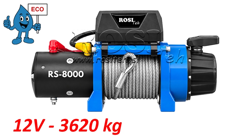12 V CABRESTANTE ELÉCTRICO RS-8000 - 3620 KG - CABLE DE ACERO - ECO