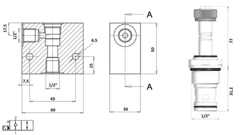 VÁLVULA DE 2 VÍAS 1/2 (NC) 12V - 60L - diagrama