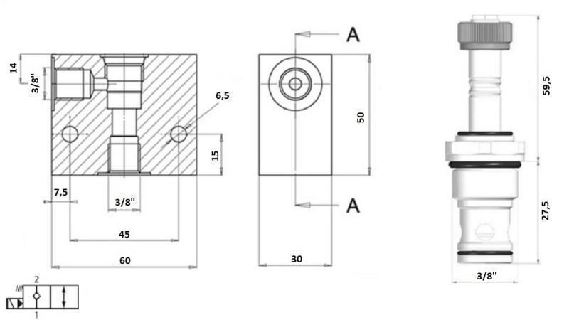 válvula de 2 vías 3/8 (NC) 12V - 40lit - esquema