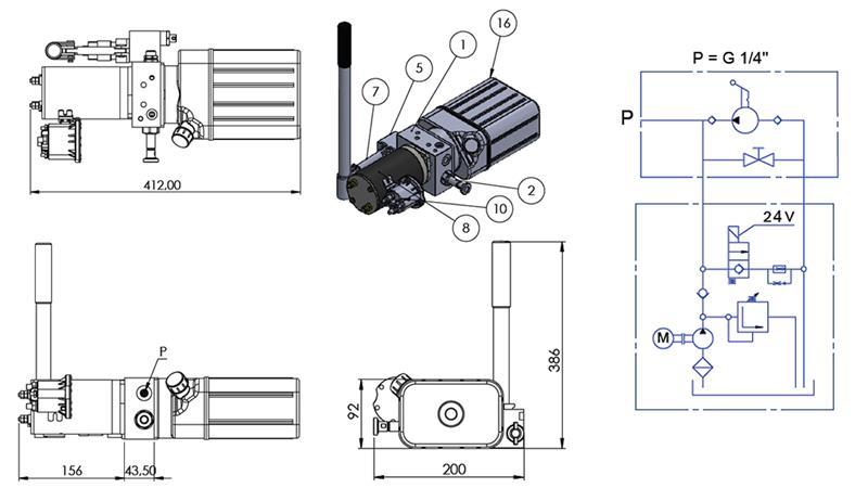 AGREGADO HIDRÁULICO MINI 24V CC - 0.8kW = 0.5cc - 1.5 lit - unidad monofásica (PVC) con bomba manual