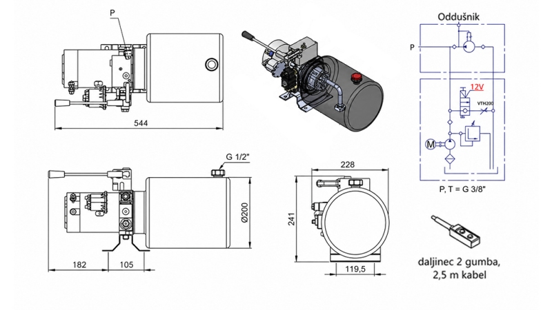 MINI CENTRALE HYDRAULIQUE 12V DC - 1.6kW = 2.1cc - 8 litres - unité monophasée AVEC POMPE MANUELLE
