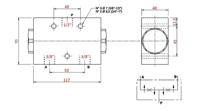 VÁLVULA DE DISTRIBUCIÓN HIDRÁULICA FLUJO V1026 DFL 40-60 lit - 3/8 - 250 bar (máx.300 bar) METAL