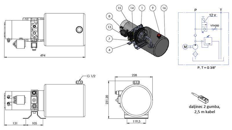 MINI HIDRAULIČKI AGREGAT 12V DC - 1.6kW = 2.1cc - 8 lit - jednosmjerna montaža (metal)