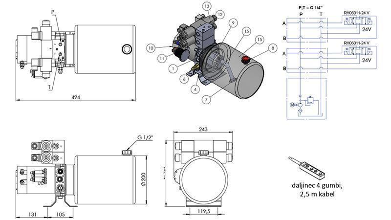 AGREGADO HIDRÁULICO MINI 24V CC - 2.2kW = 2.1cc - 8 lit - 2x ensamblaje bidireccional (metal)