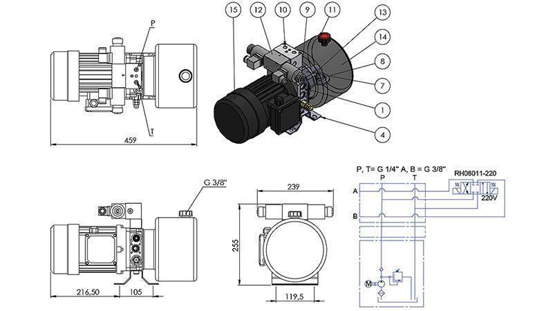 AGREGADO HIDRÁULICO MINI 380V AC (0.75 kW) - 3.7 cc - 5.2 lit/min - tanque 4 lit