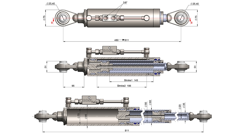 TELESKOPSKA HIDRAVLIČNA POTEZNICA STANDARD - 2 KAT. 480-811mm (45-95HP)(25,4/25,4)