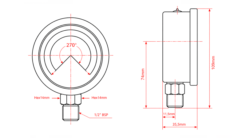 MANÓMETRO DN100 VERTICAL 0 - 250 BAR - 1/2