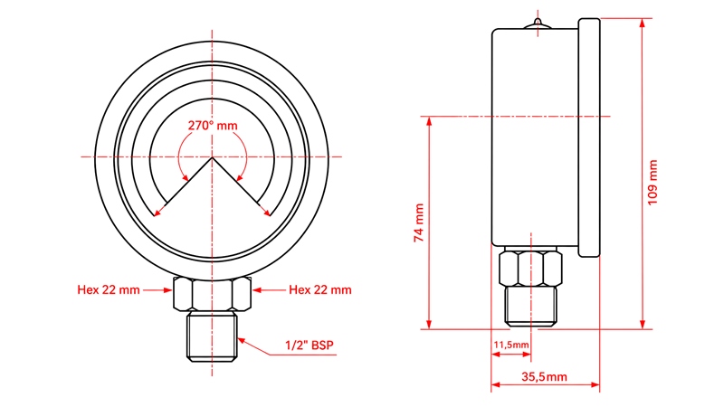 MANÓMETRO DN100 VERTICAL 0 - 60 BAR - 1/2