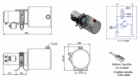 MINI UNIDAD DE POTENCIA HIDRÁULICA 12V DC - 1.6kW = 2.1cc - 8 litros - unidad monofásica (metal)
