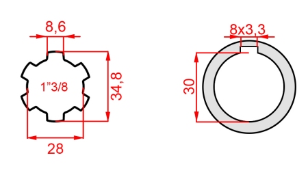 KARDANADAPTERI 1-3/8 - REIKÄ fi 30 mm (145 mm)