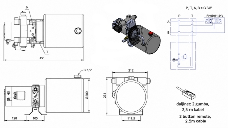 MINI UNIDAD DE POTENCIA HIDRÁULICA 24V DC - 2.2kW = 2.1cc - 8 lit - unidad bidireccional (metal)