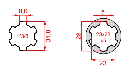 KARDANADAPTER FRA 23x28x6 (6 SPLINES) TIL 1-3/8 (140 mm)