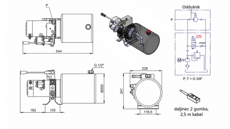MINI CENTRALE HYDRAULIQUE 12V DC - 1.6kW = 2.1cc - 8 litres - unité monophasée AVEC POMPE MANUELLE