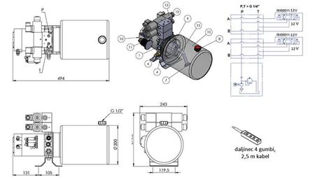 MINI HIDRAULIČKI AGREGAT 12V DC - 1.6kW = 2.1cc - 8 lit - 2x dvostrana montaža (metal)