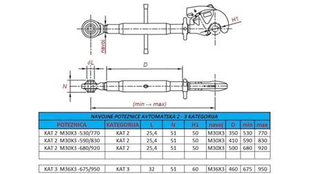 barra de tiro roscada automática para tractor categoría 2 M30x3-530/770