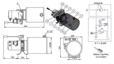 MINI HIDRAULIČKI AGREGAT 12V DC - 1.6kW = 2.1cc - 8 lit - jednosmjerna montaža S RUČNOM PUMPOM