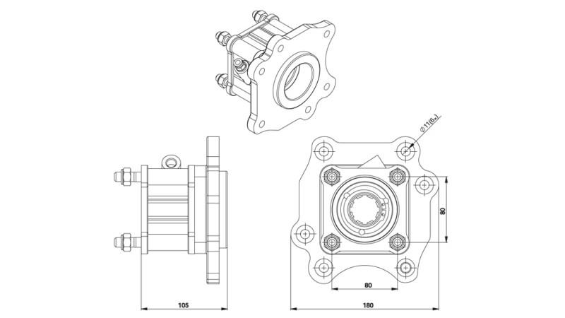 Dimensiones SALIDA PARA BOMBA HIDRÁULICA - MERCEDES ATEGO-1 - 6 ORIFICIOS