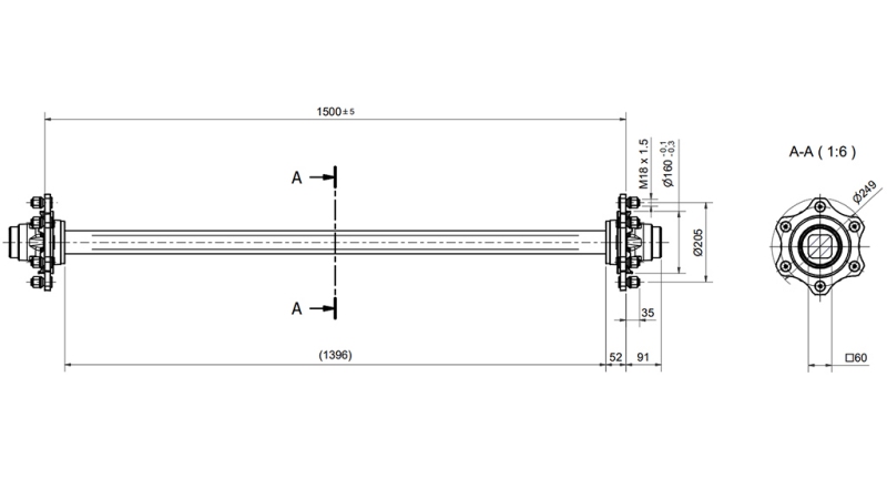 EJE PARA REMOLQUE 4800 KG SIN FRENOS (1500 MM)