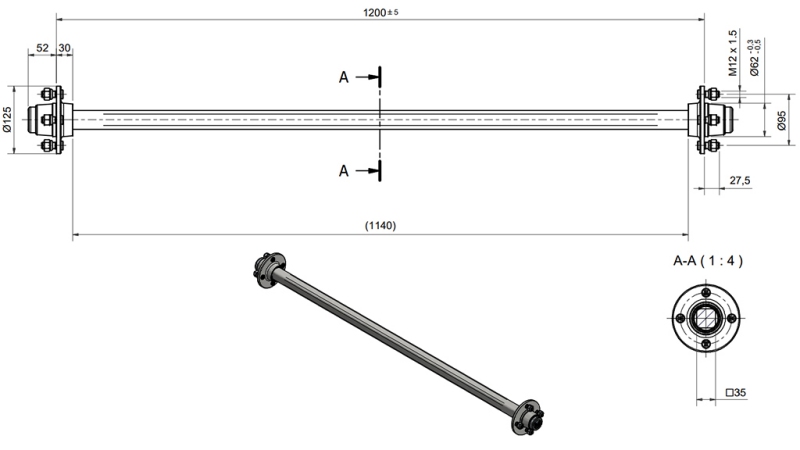 AKSELIT PERÄVAUNULLE 950 KG ILMAN JARRUA (1200 MM)