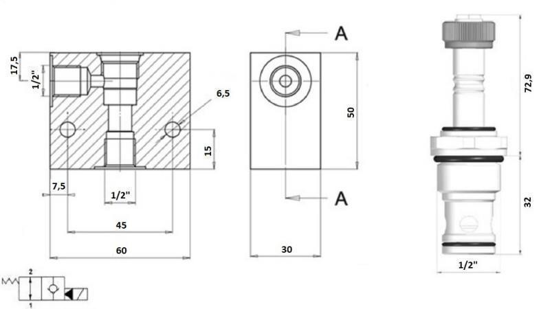 VÁLVULA DE 2 VÍAS 1/2 (NO) 12V - 60lit - diagrama
