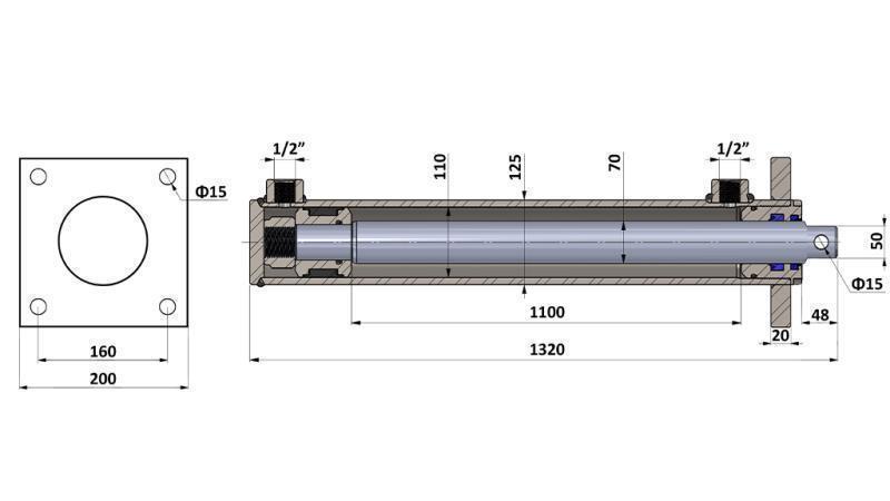 HYDRAULISK CYLINDER TIL TRÆSKÆRER MED MONTERINGSPLADE 110/70-1100