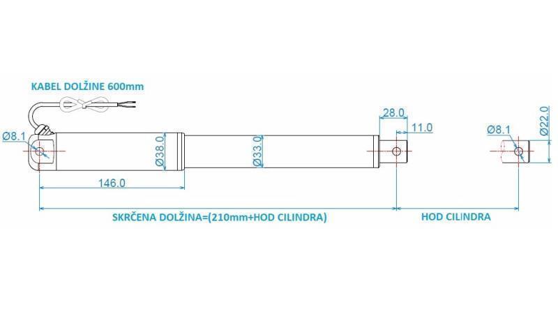 CILINDRO ELÉCTRICO 12V 80kg-12mm/seg TRAVESÍA 600mm - dimensiones