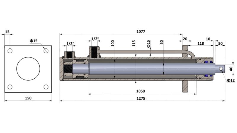 HYDRAULISK CYLINDER MED MONTERINGSPLADE 100/60-1050 MED RØR