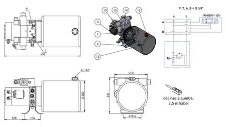 AGREGADO HIDRÁULICO MINI 12V CC - 1.6kW = 2.1cc - 8 lit - ensamblaje de doble dirección (metal)