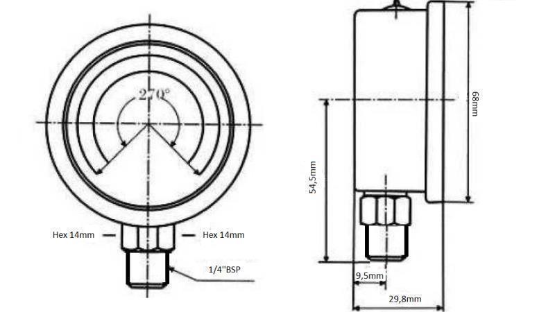 MANÓMETRO DN63 VERTICAL 0 - 10 BAR - 1/4-dimensiones